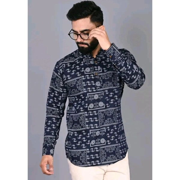 Men's Ethnic Motif Regular Spread Collar Black Shirts - Black, M