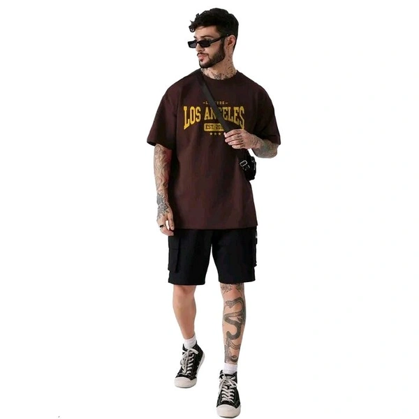 Men's Round Neck Oversized Half Sleeve Cotton Blend Loose Fit Baggy T-Shirt For Men | Plus Size Also Available - Brown, M