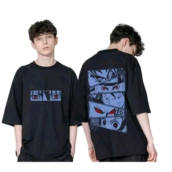 Cotton Four Anime Story Back Printed Black Oversized T shirt for Men - Black, L