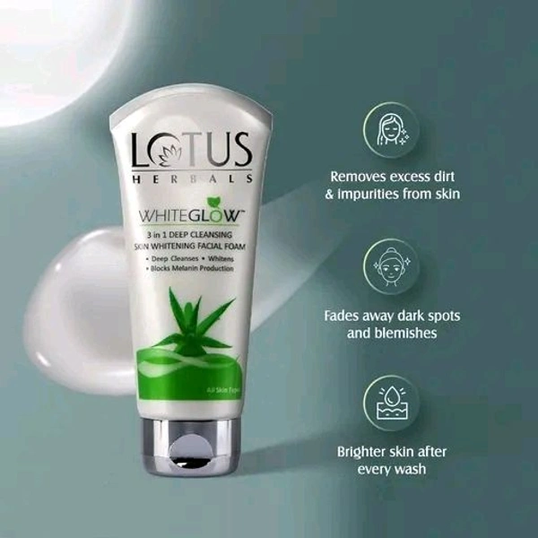 Lotus Herbals Whiteglow 3 In 1 Deep Cleaning Skin Whitening Facial Foam | For All Skin Types | 100g | (Pack Of 2)
