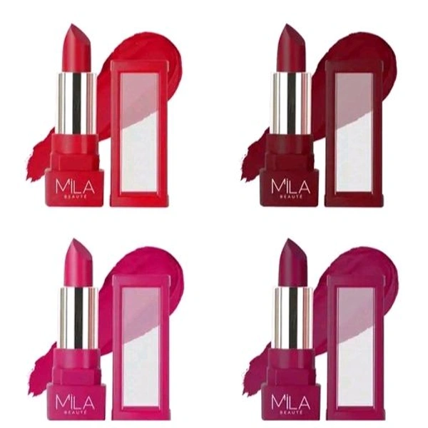 MILA BEAUTE MILA BEAUTÉ Matte Lipstick, Long lasting lipsticks, Lipstick for Women, 4.2gm Each, Lipstick Combo pack of 4 (Russian Hue , Crimson , Passionate Petal , Laroosh) - Brown