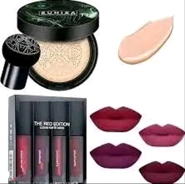 PREMIUM RED EDITION WATERPROOF LIPSTICK 4 STICKS NEW COLOURS WITH FACE MAKEUP FOUNDATION WATERPROOF SMUDGEPROOF WITH INSIDE LONG AIR CUSHION MUSHROOM PUFF COMBO