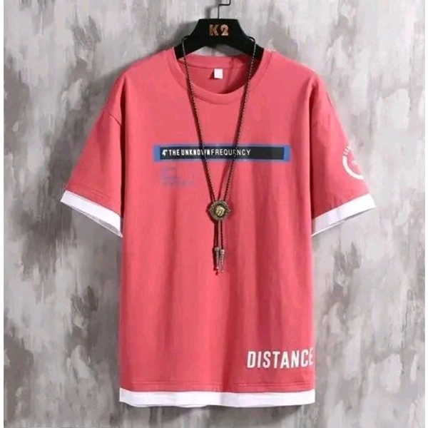 Elegant Printed Polyester Tshirt For Men - Pink, L