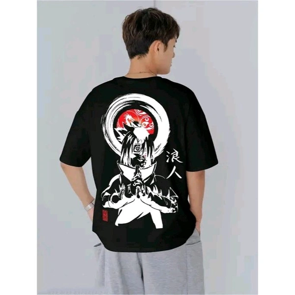 Jump Cuts Mens 3/4th Sleeve Printed Round Neck Black and White Cotton Blend Boxy Fit T-Shirt - Black, L