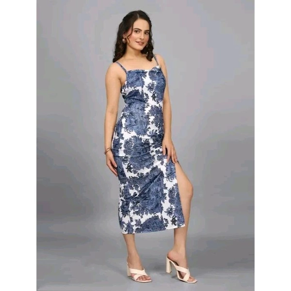 Women Floral Printed Drawstring Bodycon Dress / Blue Print Spaghetti Strap Bodycon Vacation Dress For Women, White / Perfect for Casual, Festive, Beach, and Evening Events / Designer wester dress for women & Girls - Blue, M