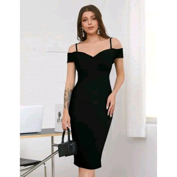 Women's Party wear Knee Length Strachable Polyster Fabric One Piece Midi Dress (Bodycon Dress) - Black, M