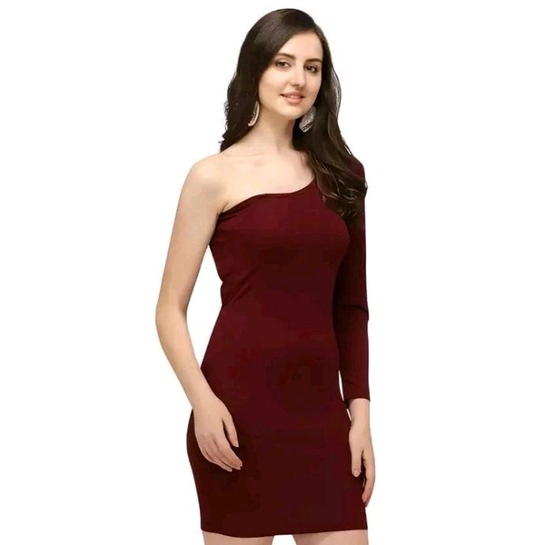 Women Polyester Maroon One Shoulder Party Wear Bodycon One Piece Dress - Maroon, M
