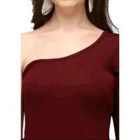 Women Polyester Maroon One Shoulder Party Wear Bodycon One Piece Dress - Maroon, M