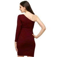 Women Polyester Maroon One Shoulder Party Wear Bodycon One Piece Dress - Maroon, M