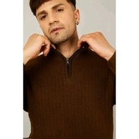 Kvetoo Men's Stripe Half zipper Men Brown Sweaters - XL