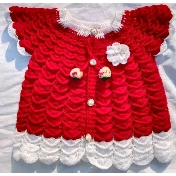 Baby Girls Handmade Woollen Frock Cum Sweater (Red Color) - Red, 1-2 Year