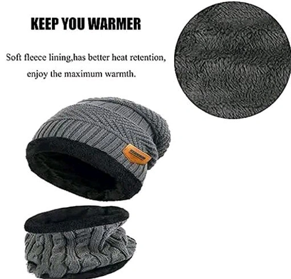 Woolen and Fur Beanie Cap for Men & Women (Grey, Pack of 1) - Gray