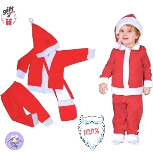 Santa Claus Costume Dress Kids Christmas Costume Complete Set of 4 - Jacket,Pant,Hat,Pouch-Red & White  - Red, 6-9 Month