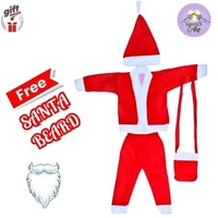 Santa Claus Costume Dress Kids Christmas Costume Complete Set of 4 - Jacket,Pant,Hat,Pouch-Red & White  - Red, 1-2 Year