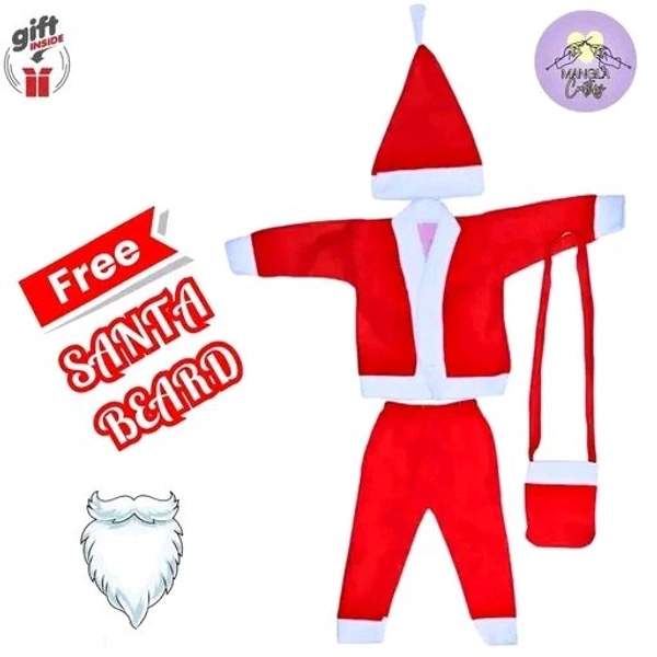 Santa Claus Costume Dress Kids Christmas Costume Complete Set of 4 - Jacket,Pant,Hat,Pouch-Red & White  - Red, 3-4 Year