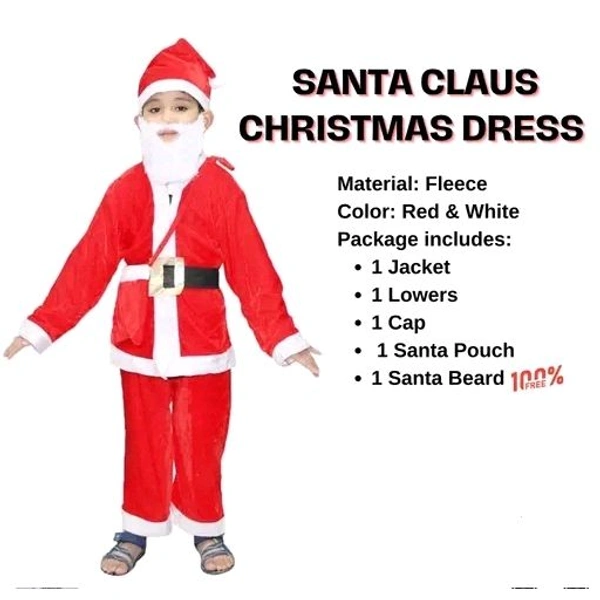 Santa Claus Costume Dress Kids Christmas Costume - Complete Set of Jacket,Pant,Hat,Pouch & Beard | Red & White Fancy dress Costume Wear - Red, 9-12 Month