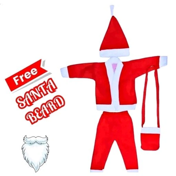 Santa Claus Costume Dress Kids Christmas Costume - Complete Set of Jacket,Pant,Hat,Pouch & Beard | Red & White Fancy dress Costume Wear - Red, 9-12 Month