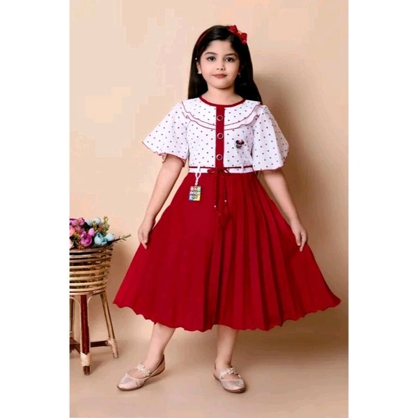 Printed Frock for Girls - Maroon, 12-18 Month