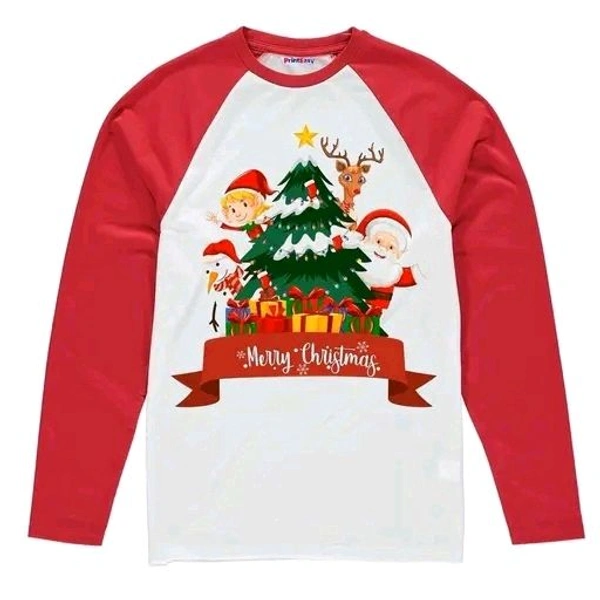 PrintEasy® Very Merry Christmas Printed Cotton Round Neck Long Sleeves Unisex Red and White Kids T-Shirt for Boys & Girls - Red, 7-8 Year