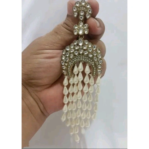 Kundan and whitepearl layered long earrings