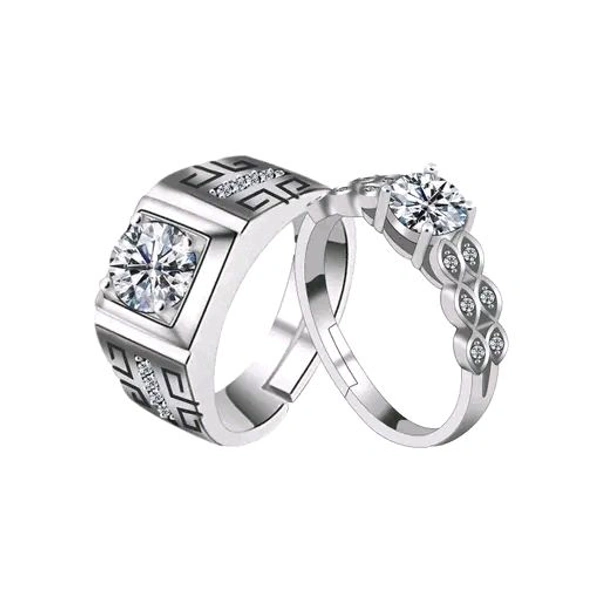 Paola Solitaire Adjustable Speical Couple Ring Set Diamond Stylish Wedding Engagement Valentine Gift Silver Plated Ring For Women And Men