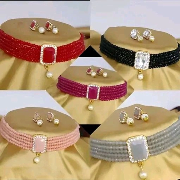 5 Pcs Choker Combo Set Crystal Choker With Earrings jewellery set