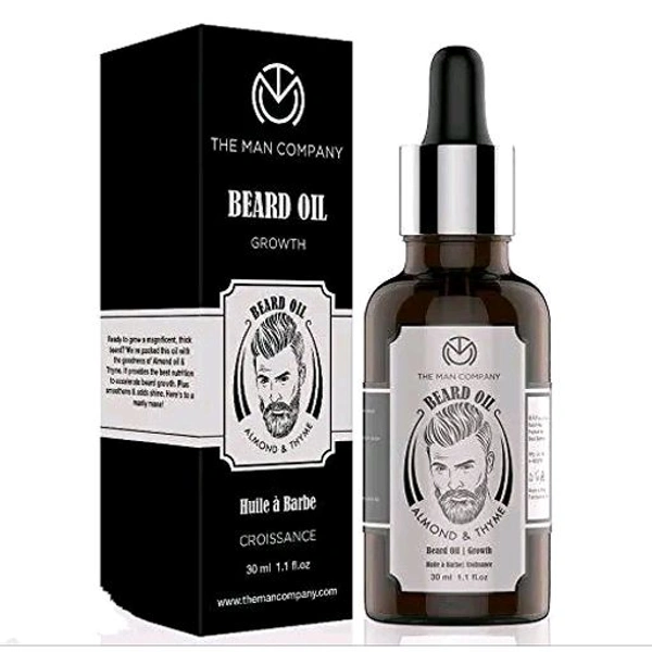 The Man Company Beard Oil for Growing Beard Faster with Almond & Thyme, 100% Natural, Best Beard Growth Oil for Men, Nourishes & Strengthens Uneven Patchy Beard - 30ML