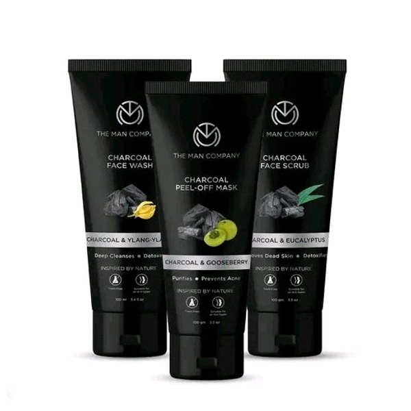 The Man Company Face Cleanser Kit (Charcoal Peel Off+ Charcoal face wash + Charcoal Scrub) Pack of 3 | Made in India