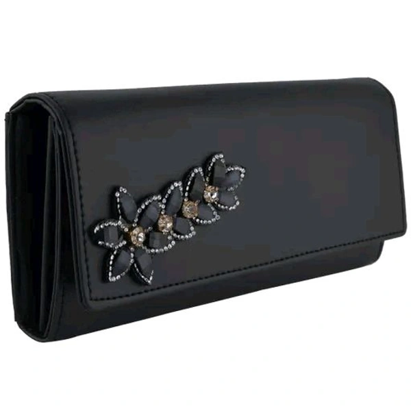 Women's Faux Leather Wallet Cum Hand Clutch With 4 Card Pockets (Peacock Black) - Black