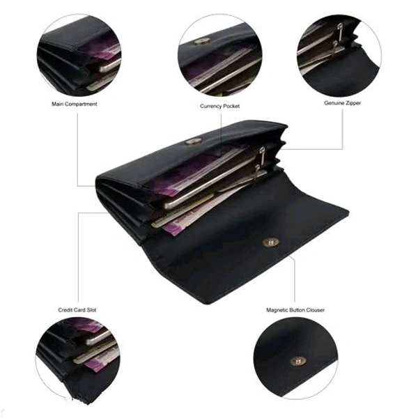 Women's Faux Leather Wallet Cum Hand Clutch With 4 Card Pockets (Peacock Black) - Black