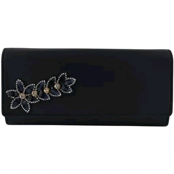 Women's Faux Leather Wallet Cum Hand Clutch With 4 Card Pockets (Peacock Black) - Black
