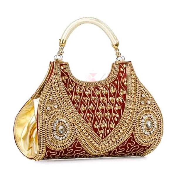 Fashionable Latest  Unique Handicraft Women's Bridal, Wedding, Party, Festive stylish and attractive Hand Bag Clutch (Golden & Maroon) - Maroon
