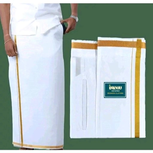 Mens Cool Cotton Pocket Dhoti For Adults with Velgro Stitched and Jari border 2.00 meters| - White