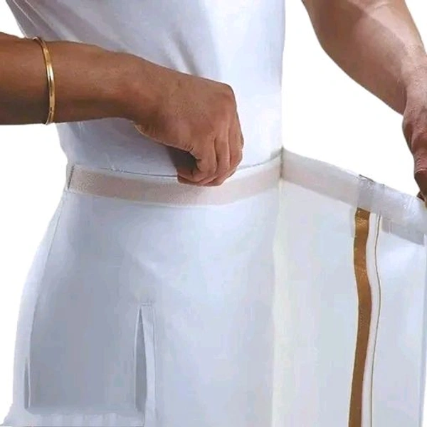 Mens Cool Cotton Pocket Dhoti For Adults with Velgro Stitched and Jari border 2.00 meters| - White