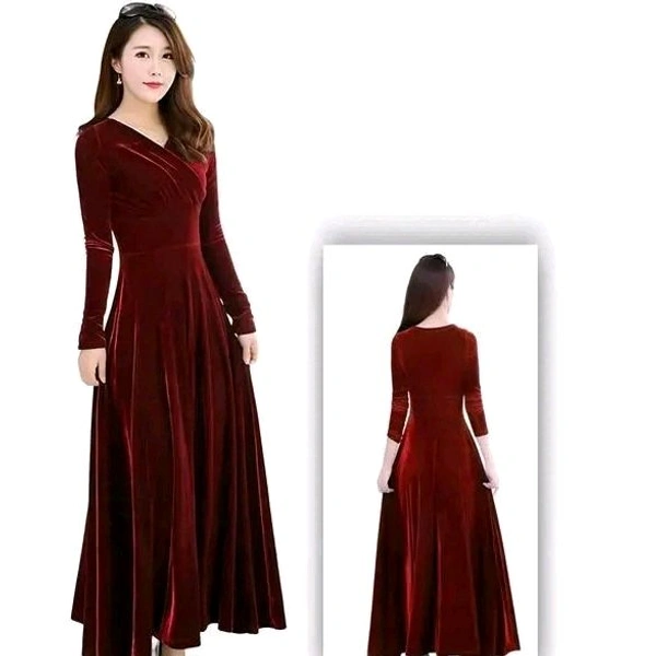 Sonam Creations Maroon Plain Velvet Dress For Women  - Maroon, L