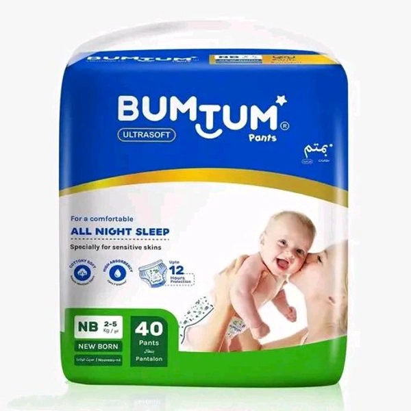Bumtum Baby Diaper Pants, New Born, 40 Count, Double Layer Leakage Protection Infused With Aloe Vera, Cottony Soft High Absorb Technology (Pack of 1) - XS