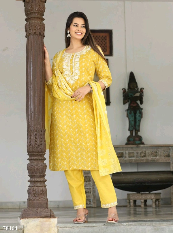 Ethnicmix Cotton Straight Kurti-pant-dupatta Set (Colour-Bright Sun) - Bright Sun, L