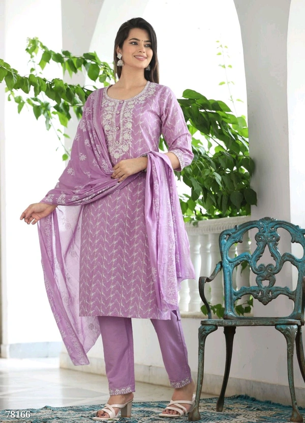 Ethnicmix Cotton Straight Kurti-pant-dupatta Set (Colour -Fuchsia Blue) - XL, Fuchsia Blue