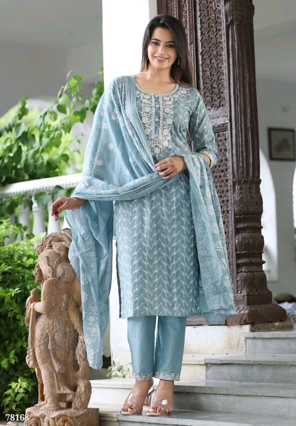 Ethnicmix Cotton Straight Kurti-pant-dupatta Set - M, Lochinvar