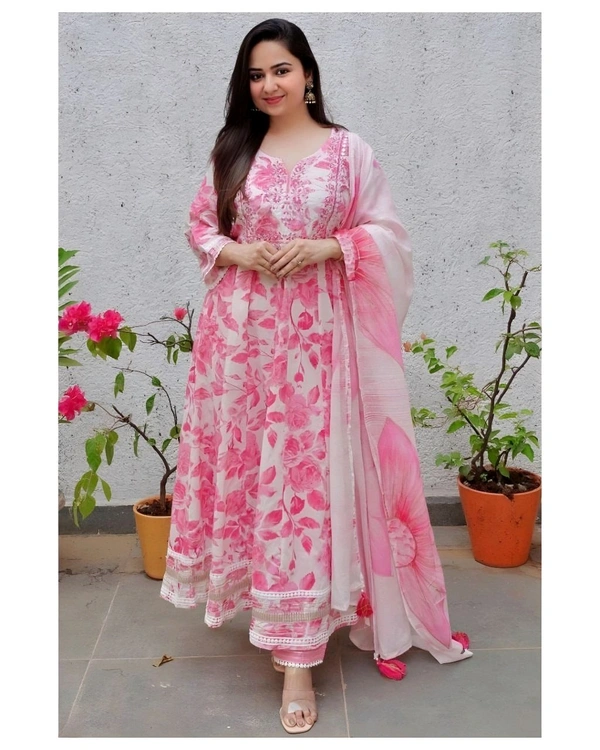 Dhanlaxmi Textile Reyon Printed Kurta Pant And Dupatta - M, Pink