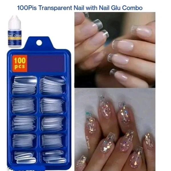 Transparent Nails, 100 Reusable Artificial Fake Nail Set with 1Pis Nail Glu.