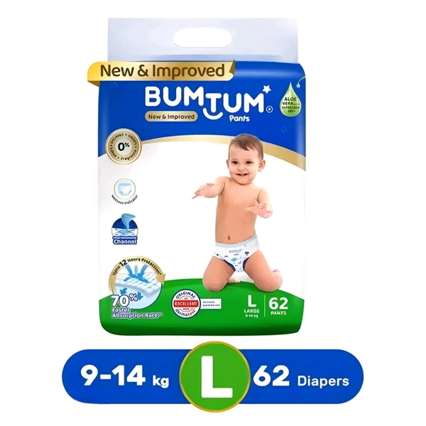 BUMTUM Baby Diaper Pants with Double Leakage Protection - 9 to 14 Kg (62 Count, Large, Pack of 1) - L, 9 to 14 Kg