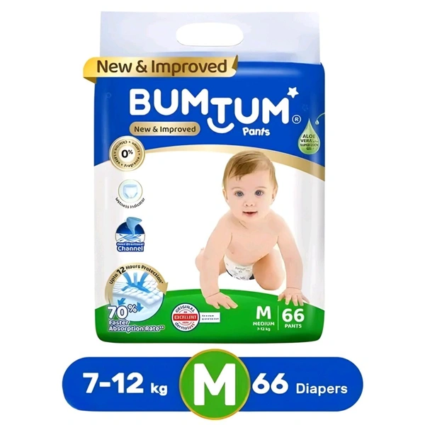 BUMTUM Baby Diaper Pants with Leakage Protection -7 to 12 Kg (Medium, 66 Count, Pack of 1) - 7 to 12 Kg, M