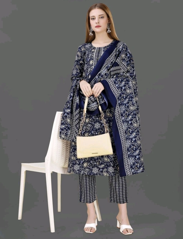 Juronix Stiched Rim Zim Kurta And Pant & Dupatta Set(sahi) - Navy Blue, L