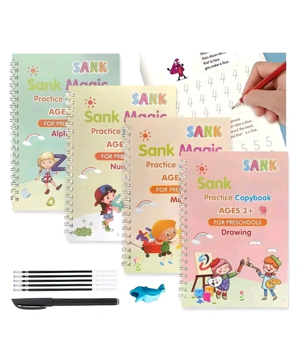Sank Magic Practice Copybook (4 BOOK + 10 REFILL+ 1 pen +1 Grip) for kids (Multicolor) - Multiple, Free, Reading Age: 2 - 5 Years