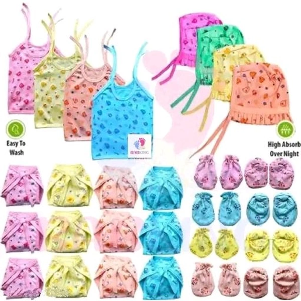BABKING Baby Care Combo Pack Of Zhabla (Vest) (4 Pieces), Mittens (Hand and Leg - 4 Pair), Nappy (Langot) (12 Pieces), Cap (4 Pieces), Hosiery Soft Cloth Material, 0-12 Months - 0-6 Month