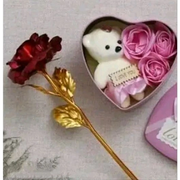 Valentine Combo of Golden Red Rose Gift Set, Pink Heart Shaped Gift Box with Teddy and Beautiful Red Rose