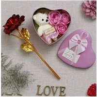 Valentine Combo of Golden Red Rose Gift Set, Pink Heart Shaped Gift Box with Teddy and Beautiful Red Rose