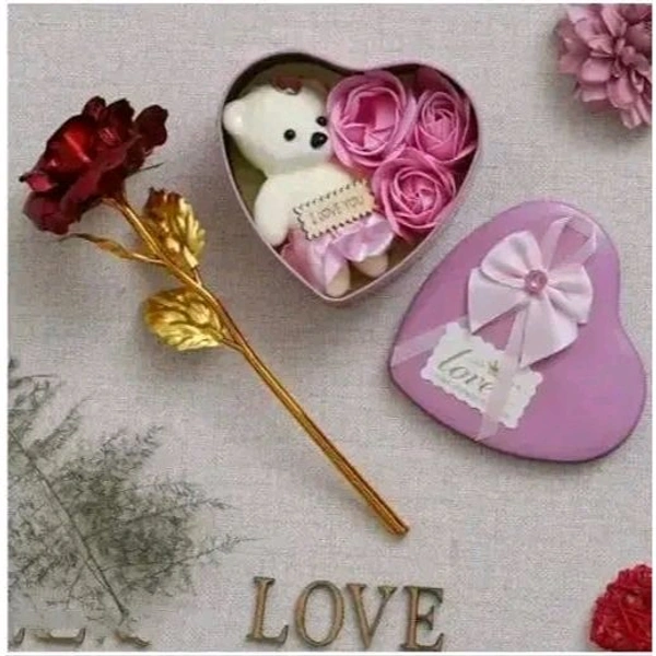 Valentine Combo of Golden Red Rose Gift Set, Pink Heart Shaped Gift Box with Teddy and Beautiful Red Rose