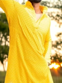 Ethnic chikankari tikli work cotton kurta(ONLY KURTA) yellow - Yellow, L